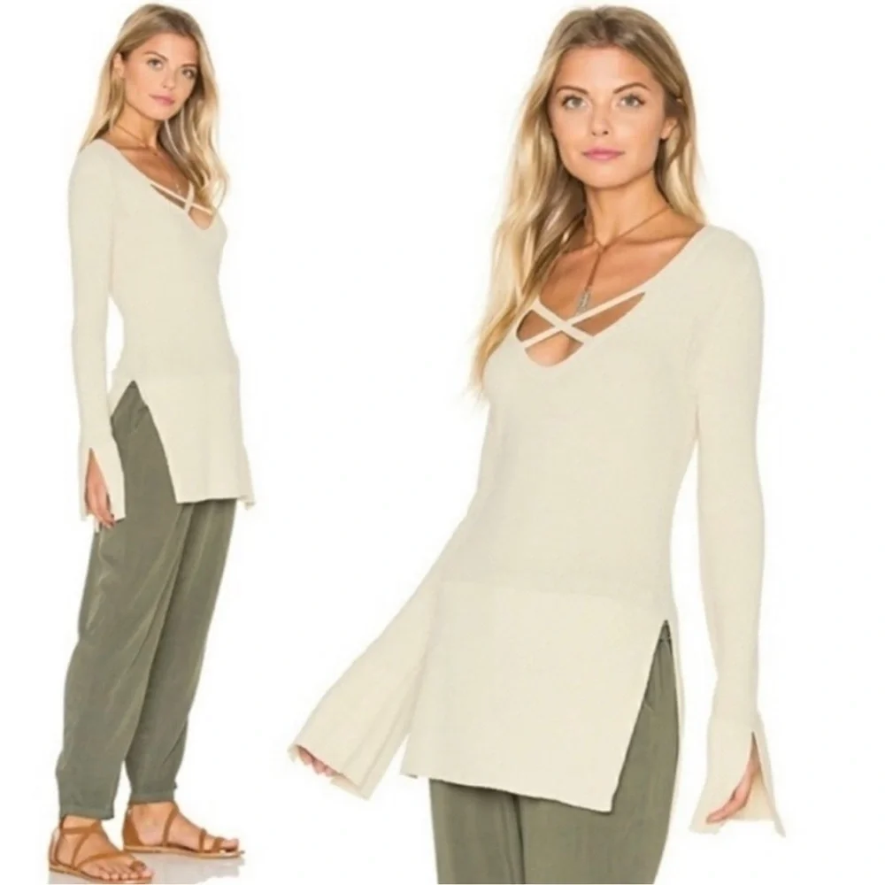 Free People small crisscross tunic sweater top cream side slits linen